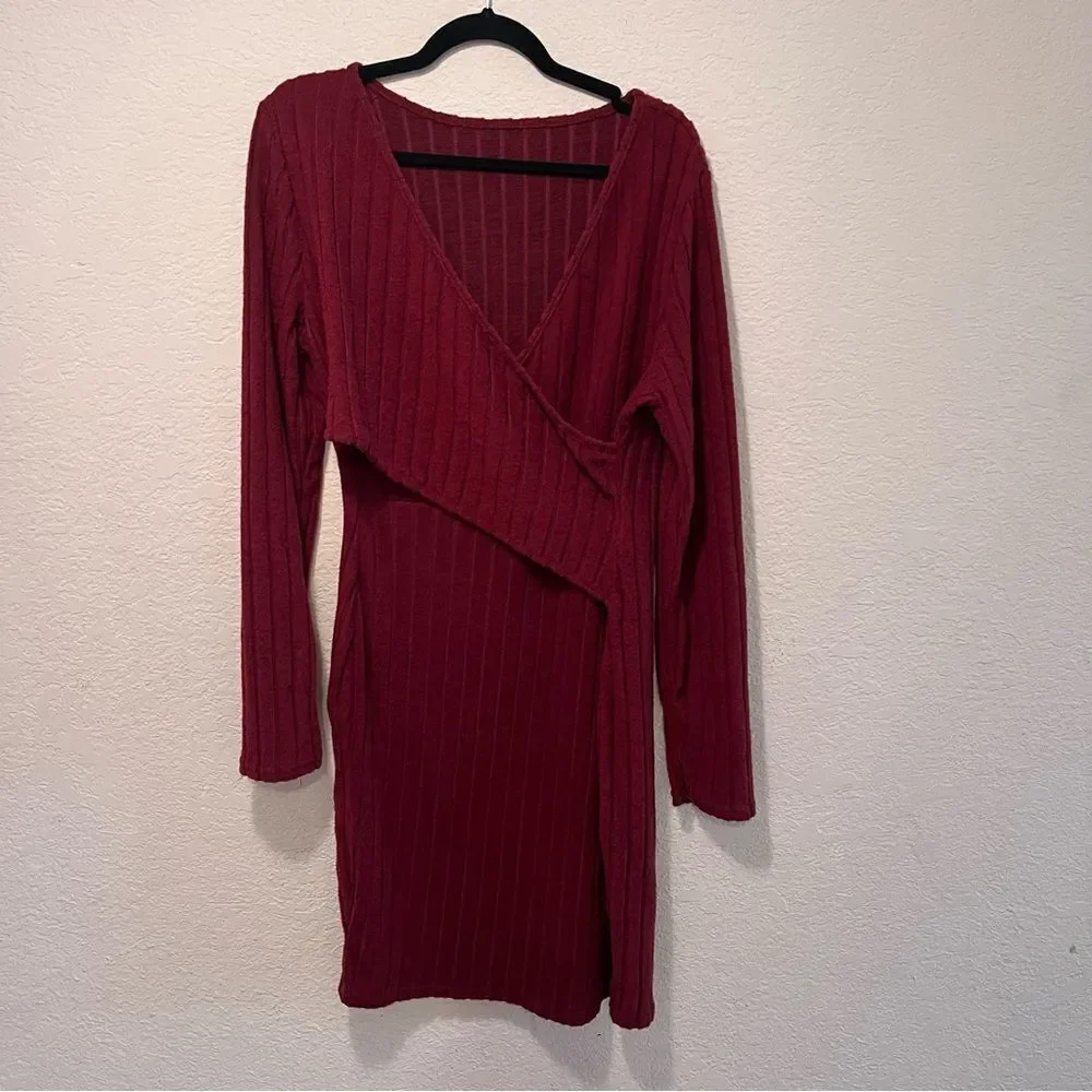 *30off3* Plus Size‎ Women's Solid Ribbed Long Sleeve Surplice Neck Casual Dress